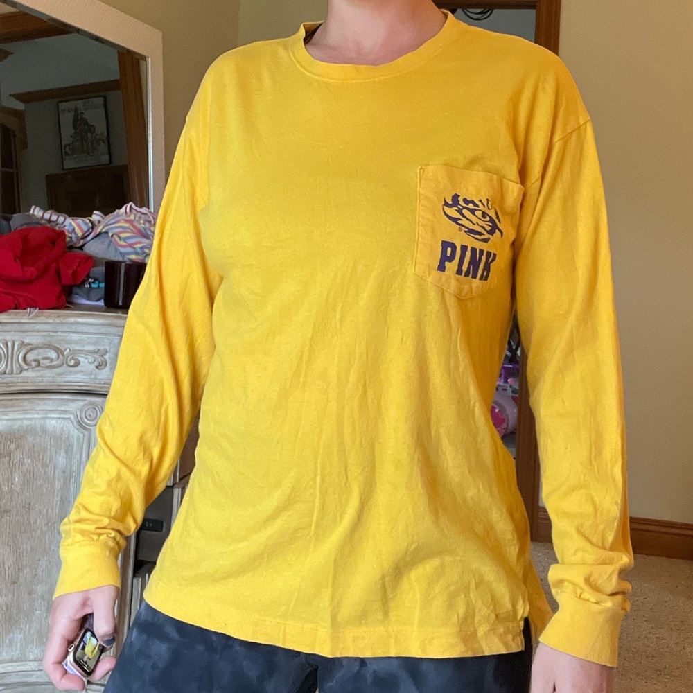 Pink brand yellow LSU Geaux Tigers long sleeve shirt